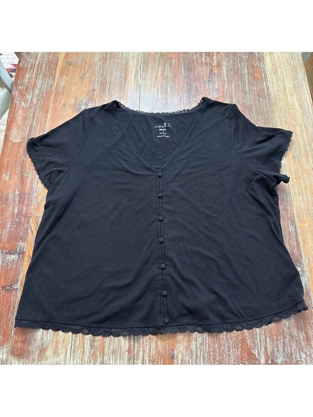 Torrid Super Soft Black Rib Knit Lace Trim Button Front Top - Size 1